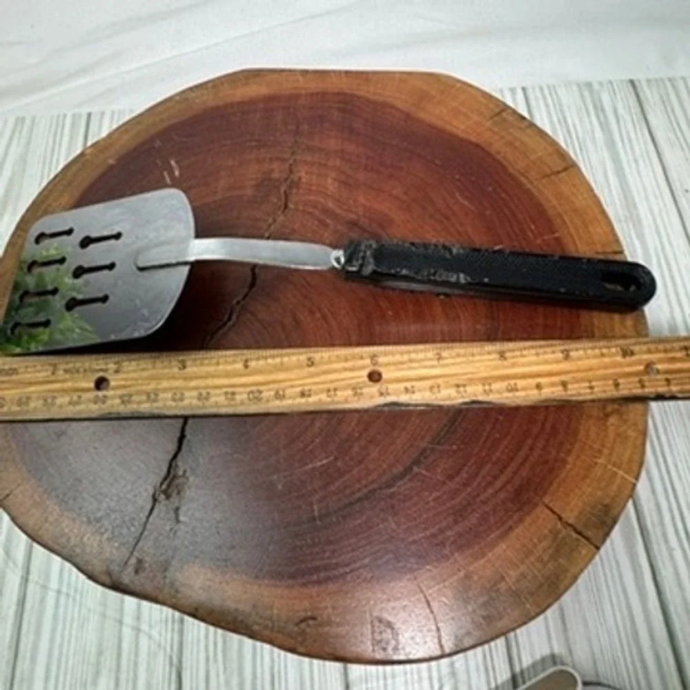 Vintage EKCO USA Slotted Spatula Stainless Steel Black Handle Keyhole Cutouts